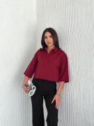 Crop Yakalı Gömlek Üç Çeyrek Sleeve Kol - Bordo resmi